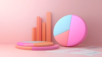 Fototapete - 3D pie chart with vibrant segmented colors placed on a professional office desk surrounded by financial reports bar graphs and statistical data sheets illuminated by soft natural lighting