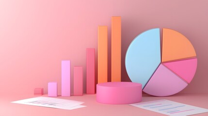 Poster - Vibrant 3D rendered pie chart with glossy vibrant sections positioned on a cluttered business desk filled with trend analysis charts financial sheets and performance reports