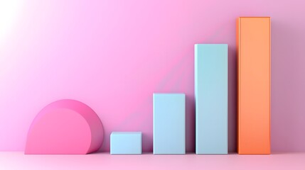 Fototapete - A vibrant 3D rendered bar graph with metallic and iridescent reflections ascending smoothly in height to represent progress achievement and financial growth surrounded by a futuristic abstract design