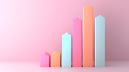 Fototapete - A vibrant 3D rendered bar graph with metallic and iridescent reflections ascending smoothly in height to represent progress achievement and financial growth surrounded by a futuristic abstract design