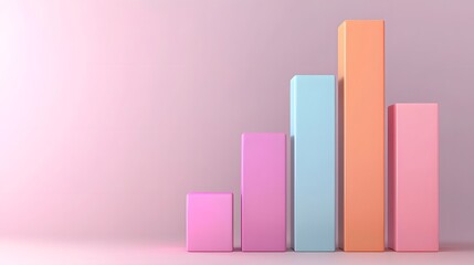 Leinwandbilder - A high tech visualization of an ascending 3D bar graph with a glossy multicolored iridescent finish floating in a digital space symbolizing success performance improvement and cutting edge analytics