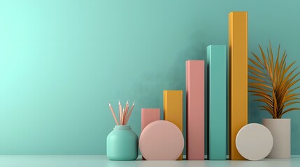 Fototapete - Visually striking 3D financial data representation featuring a gradient iridescent bar graph rising from lowest to highest highlighting economic growth corporate success and cutting edge technology