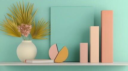 Poster - Futuristic 3D pastel data visualization setup with interactive bar graphs and pie charts seamlessly integrated into a minimalist office desk environment creating a harmonious and professional design