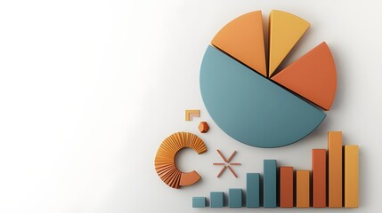 Fototapete - Visually Engaging 3D Data Interface Featuring Vibrant Pie Charts Bar Graphs and Business Intelligence Elements Presented in a Colorful Geometric Style on a Bright White Background