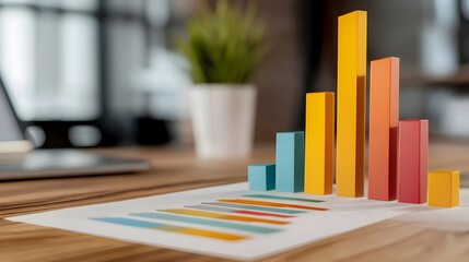 Leinwandbilder - Visually engaging business setting with scattered colorful analytics graphs performance charts and statistical reports spread across a wooden desk naturally lit with a dreamy bokeh background effect