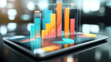 Fototapete - Futuristic tablet device displaying colorful 3D bar and pie charts reflecting dynamic business data analytics and financial information on a glossy abstract digital surface
