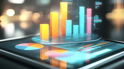 Fototapete - Futuristic data visualization setup showcasing a modern tablet displaying detailed 3D pie and bar charts in vibrant colors on a highly reflective surface