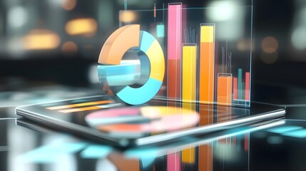 Poster - Visually Striking 3D Business Analytics Representation with Digital Tablet Displaying Multicolored Pie and Bar Charts