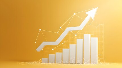 Poster - Vibrant yellow background with a bold white upward arrow representing financial growth success and data visualization elements integrated into the minimalist geometric design