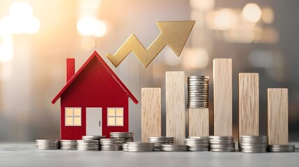 Leinwandbilder - Conceptual image showing a bright golden arrow rising over a red house model wooden bar graphs representing the expansion of the real estate market and soft golden sunlight illuminating the scene