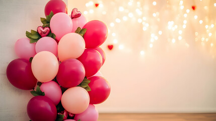 Wall Mural - Romantic corner decor for Valentine Day featuring a pink and red balloon arrangement with fairy lights in the background