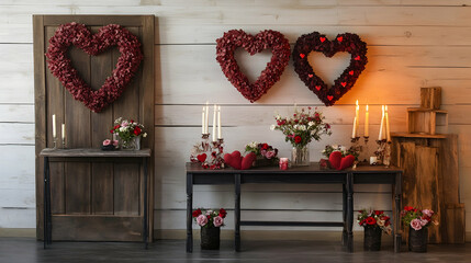 Wall Mural - rustic valentine day entryway decor with heart-shaped wreaths, candles and a table with small floral