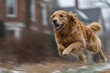 © Smaev - A full-grown Golden Retriever dog is engaged in play and running through an open field in the park, which is adorned with green grass