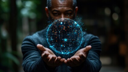 An AI tech expert businessman demonstrates virtual graphics of a globally connected robot. He interacts with chat AI, performs stock analysis, and explores futuristic technology changes using a