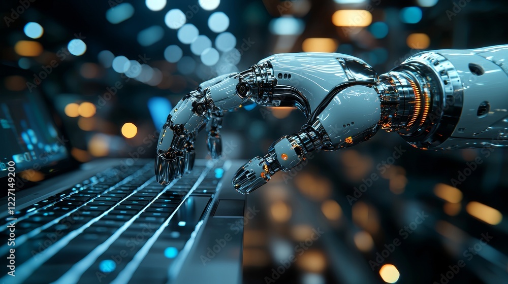 Robost Hand Using Computer Robot hands gesture to a laptop button, advisor chatbot, robotic stock ...