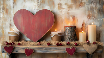 Wall Mural - Rustic Valentine Day wall art featuring wooden heart-shaped decor, a burlap garland and candles on a shelf