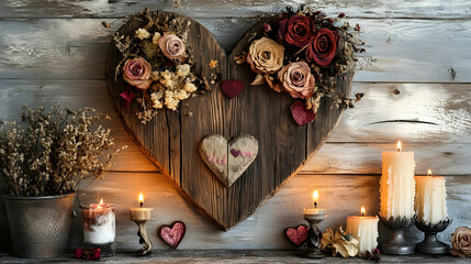Wall Mural - rustic valentine day wall decor featuring a wooden heart, dried flowers and candles