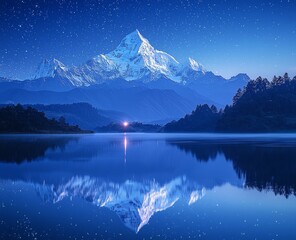 Wall Mural - A mountain lake bathes in the glow of a starry sky at night