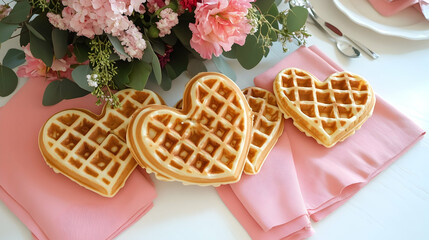 Wall Mural - Valentine Day breakfast table with heart-shaped waffles, pink napkins and a floral centerpiece