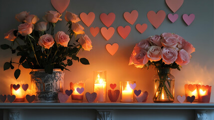 Canvas Print - valentine day-themed mantel with paper hearts, glowing candles and a vase of pink roses