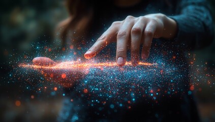 Using an application powered by AI, a businessman generates creative content, stories, and images within the realm of cutting-edge digital technology. He chats with a smart robot AI and uses command