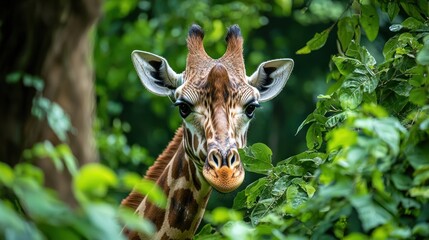 a giraffe grazing on leaves in a lush, green wildlife reserve