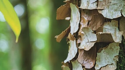Peeling tree bark close-up, lush forest background, nature texture