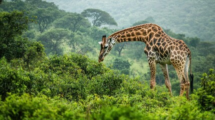 a giraffe grazing on leaves in a lush, green wildlife reserve
