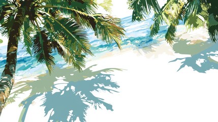 Sticker - Tropical beach scene with palm trees casting shadows on sandy shore and ocean waves in background