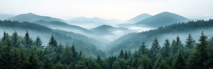 Naklejka na meble A lush green tropical rainforest landscape with misty mountains at dawn, cut out