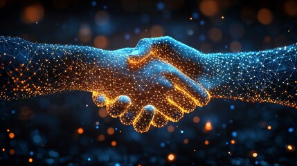 a stock market businessman greets a digital partner machine set against an abstract backdrop of cybe