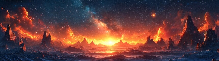 Wall Mural - Experience a breathtaking panoramic image of an otherworldly terrain, marked by soaring spires and a sky speckled with stars