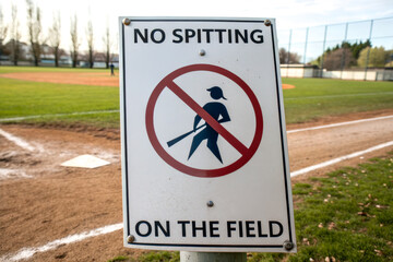 A sign at a baseball field instructs players not to spit, featuring a graphic of a person with a bat inside a red prohibition circle.