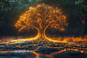 Poster - Illuminated tree of life showcasing digital patterns in a serene forest setting during twilight