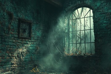 Poster - Sunlight streaming through a cracked, abandoned window in a dilapidated room with dust and cobwebs