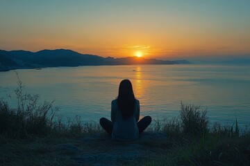 Aufkleber - Serene sunset view from a hilltop overlooking calm waters and distant mountains