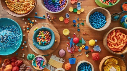 Colorful assortment of play materials and craft supplies for creative exploration