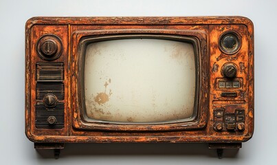 Vintage old television, close up, with a retro wooden case shown