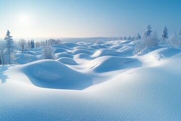 Winter landscape with snow covered field and blue sky with clouds