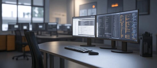Office Desk Dual Monitors Coding Night