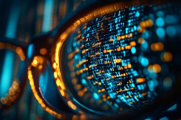 Poster - Close up of glasses reflecting binary code on a dark background illustrating the digital world