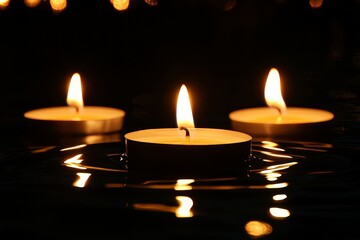 Aufkleber - Floating candles illuminate a dark water surface during a serene evening gathering