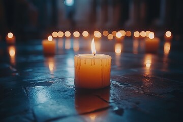 Poster - Soft candlelight flickers on stone floor creating a peaceful atmosphere in a dimly lit space