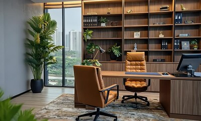 Aufkleber - Modern office, city view, desk, chairs, bookshelves