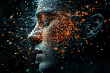 Poster - A close-up of a person with sparkling particles illuminated against a dark background during an artistic exploration of light and water