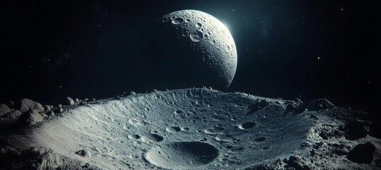 Wall Mural - vast lunar landscape, massive planet looms in the dark starry sky exploration mission