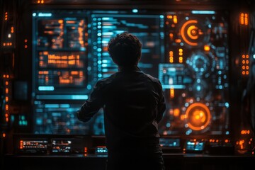 Poster - Individual engages with advanced technology in a dimly lit environment, analyzing intricate data displayed on screens