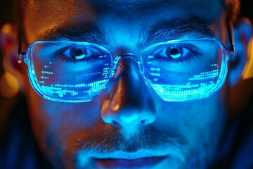 Aufkleber - Man with glowing glasses focuses intently on digital data in a vibrant, futuristic setting