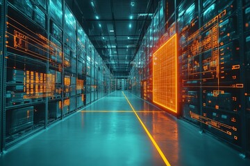 Poster - High-tech data center with glowing orange graphics illustrating digital networks and data flow at dusk
