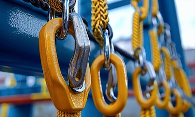 Poster - Yellow safety clips on industrial rig, close-up